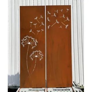 Edelrost 2er Set Sichtschutz Motiv Pusteblume mit Samen 165 cm x 100 cm Paravent zum Stecken Schild Gartenschild Gartenstecker Edelrost Gartendeko Wetterfest Rost Metall Zaun