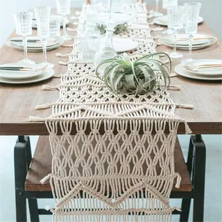 Lntyq Rechteckiger Beigefarbener Makramee-tischläufer Mit Eleganter Häkelspitze, Durchbrochene Tischdecke Für Rustikale Boho-hochzeitsdekoration Und Vintage-babyparty-wohndekoration (33 X 150 Cm)