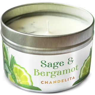 Chandelita Duftkerze Aroma Kerze Mit Ätherische Öle Naturrein Aus Salbei Und Bergamotte - Salbeiblätter, Mit Sojawachs Zur Reinigung Und Meditation - Chakra Kerze - Aromatherapie Kerze