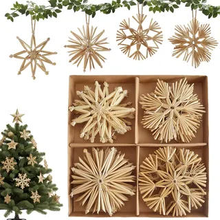 16 Stück Strohsterne Set 11cm Baumschmuck Weihnachtsdekoration | Große Strohstern-Anhänger Christbaum Schmuck Stroh Natürlicher Christbaum Behang