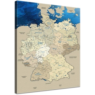 LanaKK – Deutschlandkarte Leinwandbild „Deutschlandkarte Blue Ocean” - deutsch - Kunstdruck-Pinnwand auf Echtholz-Keilrahmen – Globus in blau, einteilig & fertig gerahmt in 80x120cm