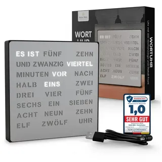 Bada Bing Uhr LED Wortuhr Tischuhr Wanduhr Uhr mit USB Kabel (Metallfront Silber, LED Beleuchtung, Zeitanzeige in Worten) silberfarben