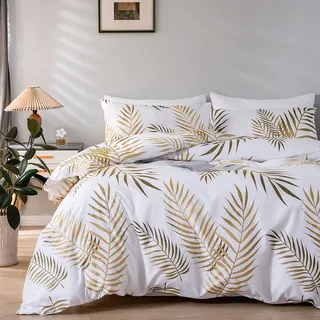 Nayoroom Bettwäsche 135x200 Weiß Gold Blätter Muster Bettbezug 2 Teilig Microfaser Botanisch Palmenblätter Bettwäsche Set Reißverschluss and Kissenbezug 80 x 80 cm