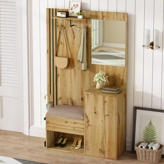 OLIVIBED Garderobenset Wandgarderobe, Garderobenständer mit Sitzbank und Spiegel, Kompaktgarderobe mit Türen, Flurgarderoben Set mit Fächer, für Foyer, Flur, Holz und Schwarz, 115x37x185cm