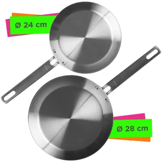 Pfannen-Set WOLL "WOLL MÄLZER x WOLL Edelstahl Pfannen 24+28cm 5-ply Induktion", silber (silberfarben), Pfannen, 2-TEILIGES EDELSTAHL-PFANNEN-SET: Zwei Edelstahlpfannen für jeden Tag