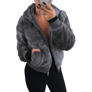ShangSRS Damen Kapuzenjacke Kurzmantel Teddy-Fleece Mantel mit Kapuzen Reißverschluss Plüschjacke Fleecejacke Winterjacke übergangsjacke Teddyjacke Pelzmantel Kurze Coat (Dunkelgrau, S) - S
