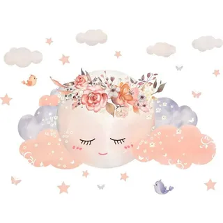 Wandtattoos Für Mädchenzimmer, 60 X 30 Cm, Rosa, Wolken- Und Mondmotiv, Sterne Und Blumen, Wanddekorationsgeschenk