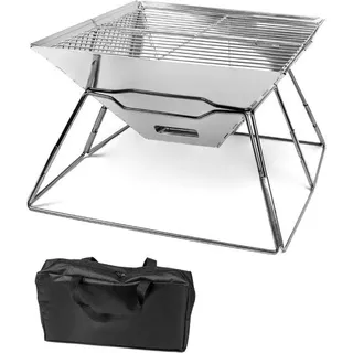 Ibenzoa® zusammenklappbare Feuerschale aus Edelstahl – mobile Feuerstelle 31 x 31 x 21 cm, 1,65 kg, mit Trichtergrill & Tragetasche für Garten ... - Silber