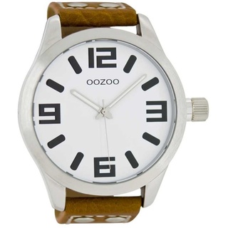 OOZOO Quarzuhr Basic XXL Herrenuhr C1001 Weiss Lederband Cognac 50 mm
