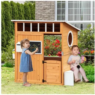 Outsunny Spielhaus für Kinder Holz Kinderspielhaus mit Fenster Briefkasten Blumentopfrack,