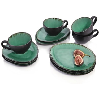 SÄNGER Kaffeeservice Palm Beach (12-tlg), 4 Personen, Steingut, Kaffeetassen Set mit Krakellee-Effekt, Vintage Design