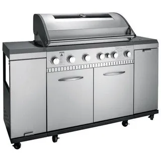 LANDMANN Gasgrill 6.1 mit 6 Brennern, Seitenkocher, Gusseisen-Grillplatte und Glassichtfenster