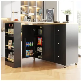 Flieks Bartisch 360° drehbar Esstisch mit Sideboard (138–209x39x106 cm) (Set, 1-St., mit Rollen und Snackregal), ausziehbar Stehtisch mit 2 Türen und 3 Schubladen Kommode Bistrotisch schwarz