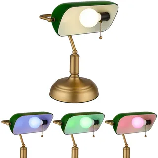 RGB LED Schreibtischleuchte Bankerlampe Tischlampe Glas grün Leseleuchte, Schirm schwenkbar, Zugschalter, 1x E27 Fassung, LxH 26,5x36 cm