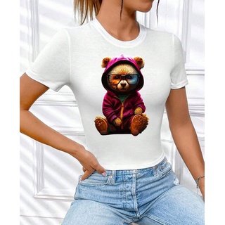 RMK Print-Shirt Damen T-Shirt Top Sommer Rundhals süßer Teddybär Bär Brille mit lizenziertem Originaldesign, aus Baumwolle, Unifarbe lila|weiß 48-50