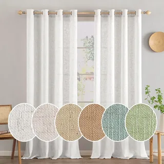MIULEE Gardinen Leinen mit ösen Halbtransparent Vorhänge Linen Weiß 145x140 | 2er Set, Leinenoptik Modern Voile Ösenvorhang, für Wohnzimmer Kinderzimmer Raumteiler, schlaufenvorhang