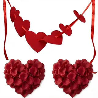 Herz Girlande Deko Set mit 200 Rosenblätter & Rosenblüten – 3D Herz Hängedeko Hochzeit Valentinstag, Romantische Raum Party Dekoration für Verlobung Jubiläum