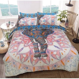 Sleepdown Elefanten-Mandala-Bettwäsche-Set, wendbar, pflegeleicht, antiallergisch, weich und glatt, mit Kissenbezügen (King-Size)