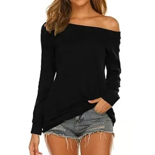 Rongseng Langarmshirt Damen Schulterfrei Oberteil Elegant Langarm Top Sexy Off Shoulder Pullover Casual Longshirt Bluse Tunika Trendy Tshirt Sweatshirt - S
