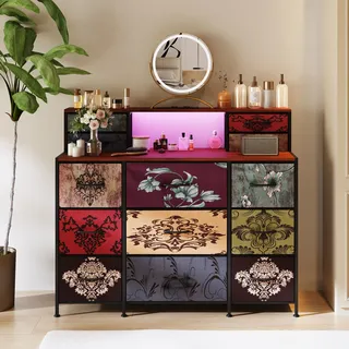 Jookgbd - Schminktische  Mit 13 Schubladen,led-beleuchtung Und Usb-anschlüssen, Vintage-aufbewahrungsmöbel Für Schlafzimmer, Wohnzimmer Oder Flur,metallgestell & Mdf-platte,retro-farbe