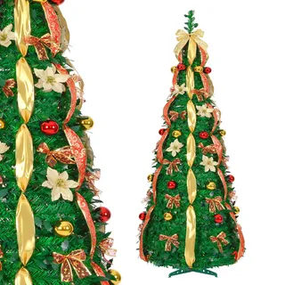 YRHome 180cm Faltbarer Weihnachtsbaum Pop Up Künstlicher Weihnachtsbaum mit Beleuchtung, LED Lichter & Bändern Spiral Tannenbaum künstlich Christbaum Dekobaum leicht zu montieren Dunkelgrün (Rot/Gold)