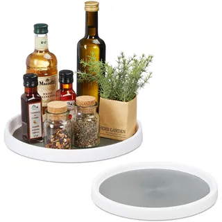 Relaxdays Drehteller, 2er Set, Ø 25 & 30 cm, drehbarer Kühlschrank Organizer, Badorganizer, Gewürzregal, weiß/grau