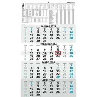 4-Monatskalender blau 2024 - 33x58,8 - mit Kopftafel - Datumsschieber - 959-0015-1