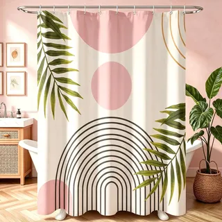 Lerores Duschvorhang 120x200 cm Rosa Blätter Linie, Beschwerter Saum Antischimme, Wasserabweisend, Waschbar Polyester Badevorhänge mit 8 Ösen und Duschvorhangringen für Badezimmer, Badewanne