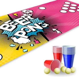 younikat Bierpong Matte 180 x 60cm I Bierpong Becher Set inkl. 22 Becher und 6 Bälle I Bierpongmatte rutschfest & wasserabweisend I Beerpongbecher Zubehör für Party, Garten & Festival | dv820