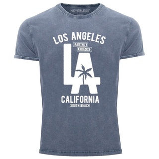 Neverless Print-Shirt Cooles Angesagtes Herren T-Shirt Vintage Shirt LA Los Angeles California Aufdruck Used Look Slim Fit Neverless® mit Print blau L