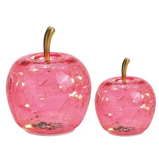 LED Deko Apfel Rosa 2er Set – Glas Äpfel mit Timer & LED Beleuchtung – 10 & 5 LEDs – Craquelé Optik – Batterie betrieben – Deko Licht für Weihnachten, Herbst & Wohnzimmer – Ø 12 & 9 cm (rosa)
