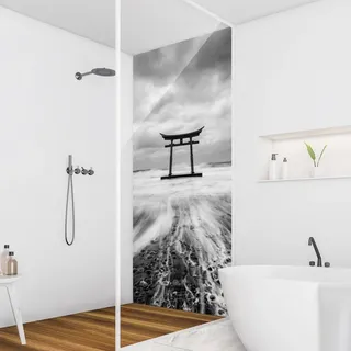 Duschrückwand Stadt selbstklebend - 0.61 mm Wandpaneel wasserfest Asien schwarz weiss Motiv Badrückwand fugenlos Premium matt 100x210 cm