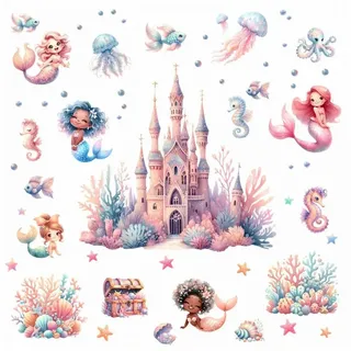 nikima Wandtattoo 265 Wandtattoo Meerjungfrauen Unterwasserschloss (PVC-Folie), in 6 vers. Größen bunt 200 cm x 112 cm x 0 cm