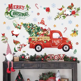 wondever Wandtattoo LKW Zwerge Weihnachtsbaum Fenster Weihnachtsdeko | Abziehen und Aufkleben, Repositionierbar, Wanddeko Weihnachten Selbstklebend für Weihnachtsfeier Wohnzimmer Winter Deko