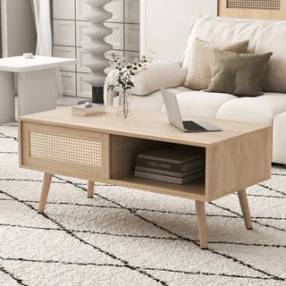 Korbgeflochtener Couchtisch, Teetisch Mit Schiebetüren, Beine Aus Massivholz, Moderner Wohnzimmertisch, Natürliche Farbe-h40/b1050/t55 Cm