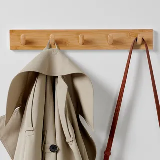 LARHN Garderobenleiste Holz - 5 Haken - 43 cm Garderobenhaken | Bambus, Inkl. Montagevideo & Montagematerial, hält Mäntel, Jacken & Taschen, für Kinderzimmer, Flur & Diele