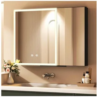 WDWRITTI Spiegelschrank Alu Badezimmer Schrank LED Spiegelschrank 3Lichtmodi dimmbar (Badezimmerspiegelschrank Schwarz matt 2-türig, 80x12,5x60cm) Doppelspiegel, vormontiert geliefert schwarz