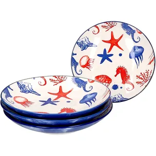 Ritzenhoff & Breker 4-teiliges Suppenteller-Set Seaside I Teller-Set für 4 Personen I Soup Bowl mit Seestern Dekor I Hochwertiges Geschirr-Set I 4 Porzellanteller mit Ø 21,5 cm & 450 ml