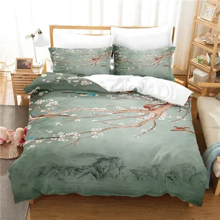 BettwäSche 155x220 blaue und blaue Blumen und Vögel Bequemer Mikrofaser-Bettbezug Mit ReißVerschluss,Pflegeleicht Bettbezug 155x220 Und 2 Kopfkissenbezug 80x80,Geeignet FüR Erwachsene Und Kinder