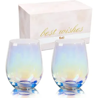 Weinglas ohne Stiel, Weingläser, Regenbogengläser, großes Rotweinglas oder Weißweinglas 2er Set, schillernde Gläser, Geschenk für Mama Geburtstag, Frauen, Sie, Schwester, Tochter, Freunde, Kollegen