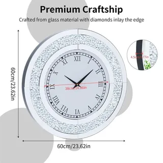 Große Spiegel Wanduhr - 60 cm runde Quarz Wanduhr - Crush Diamant Kristallrahmen - Modernes Design - Glas und Kristall - Für Wohnzimmer und Küche