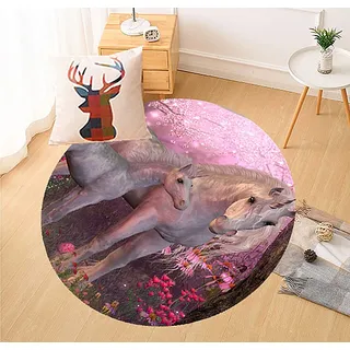 PEIHUODAN 3D Galaxis Einhorn Pferd Tier Muster Kinder Mädchen Baby Teppich Rund Schlafzimmer Kinderzimmer Dekorativ Kinderteppiche Wohnzimmer Teppiche Matten Modern Weichem Waschbar (120 cm,Rose)