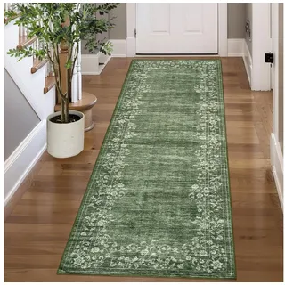 GarveeMore Veloursteppich Waschbarer Vintage Teppich Designteppich Läufer mit floraler Bordüre, Moderner Kurzflor, rutschfest, pflegeleicht & schmutzabweisend grün 160 cm x 230 cm