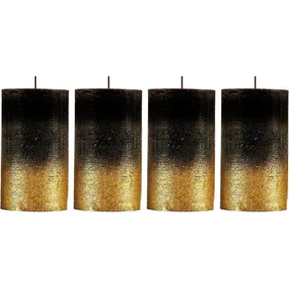 Stumpenkerzen 4 Stück, schwarz metallic gold, 12 cm, 54 Stunden Brenndauer, für Adventskranz