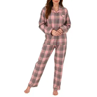 Normann Pyjama Damen Flanell Schlafanzug kariert mit Knopfleiste und Hemdkragen grau 36/38