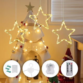 CMYK Weihnachtsbeleuchtung Fenster mit 3 Sterne 60LED Weihnachtsdeko Beleuchtet Batteriebetrieb LED mit Fernbedienung 8 Modi Timer Fensterbeleuchtung Weihnachten mit 5 Klebehaken