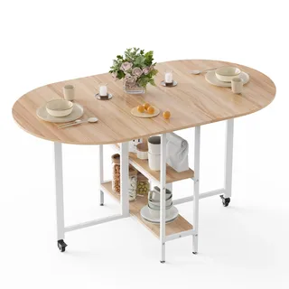 Mondeer 140cm Klappbarer Esstisch, Küchentisch für Kleine Räume | Ausklappbare,Ausreichend Stauraum,Rundes Kanten Design,Küche,Esszimmer,Wohnzimmer,2-4 Personen,Eiche und Weiß