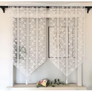 Vordesack Jacquard Panneaux mit Quaste Spitzenvorhang 2er Set HxB 150x60cm | Scheibengardine mit Stickerei Floral-Motiv Bistro Fensterbehang für Glastüren Küche & Bad Landhausstil Gardine mit Tunnelzug