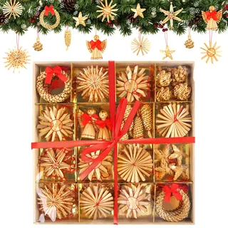 52 Teiliges Strohsterne Set, Christbaumschmuck Stroh Deko | Strohsterne Weihnachtsbaumschmuck, Natur Stroh Baumbehang,Sterne,Glocken,Tannen