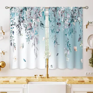 oolygoo Küchenfenstervorhänge, Eukalyptus, botanisches Motiv, Blätter, florales Muster, Schmetterling, Landhausstil, Blume, Blatt, kleine Fensterdekoration, Blau/Grau, Kurze Vorhänge für Badezimmer